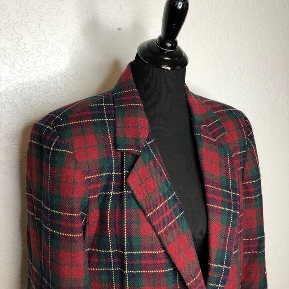 Vintange red green navy gold plaid wool blend button front blazer size 10 - Picture 2 of 16